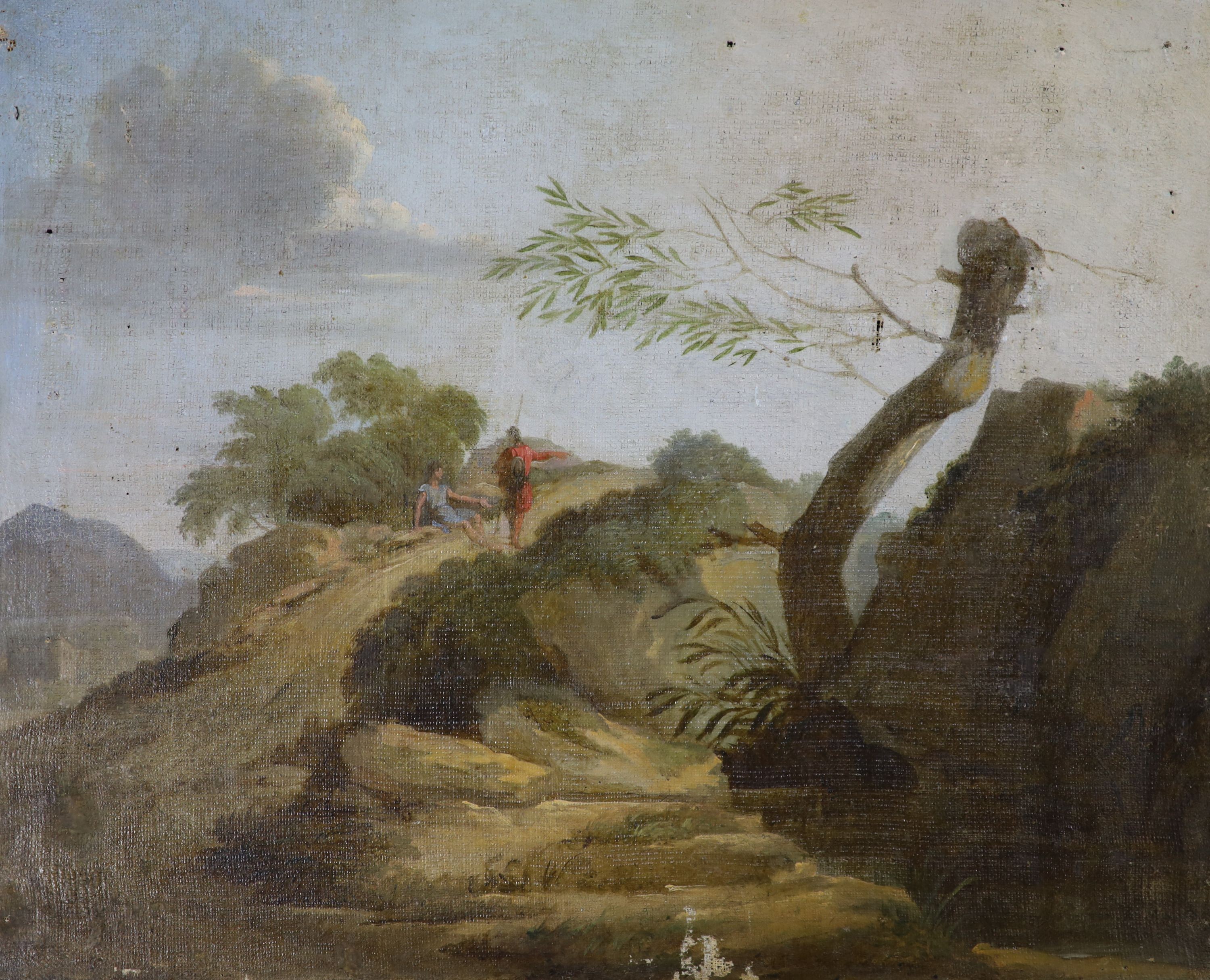 Late 18th century Italian School. Figures on a Mountain Pass. Oil on canvas, unframed 14.5